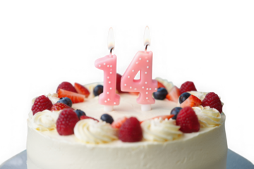 Sweet Celebration Fourteen Candles, Berries, and a Creamy Cake, a Delightful Birthday Treat