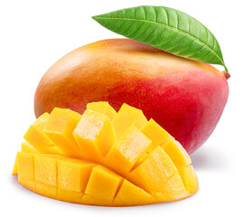 Ripe mango fruit and mango cut into hedgehog-shaped style on white background. File contains...