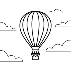 Fototapeta premium A black and white outline illustration of a hot air balloon floating amidst simple cloud shapes suitable for coloring pages or educational materials