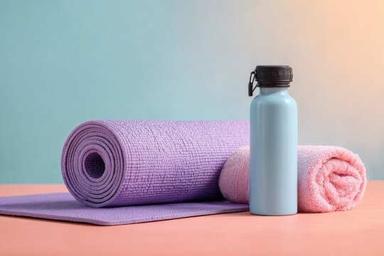 Rolled purple yoga mat, light blue water bottle, and pink towel on a peach surface against a blue-orange backdrop