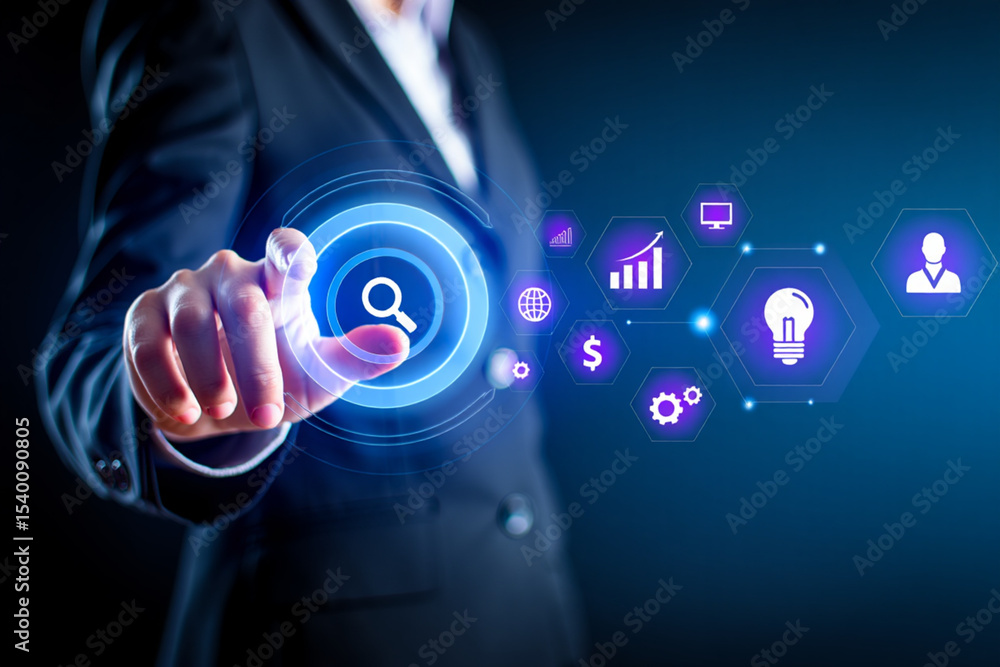 Aufkleber businessperson using digital interface with search and data analysis icons
