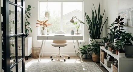 Bright & Airy Home Office with Abundant Greenery and Natural Light