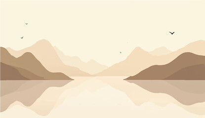 abstract Minimal beige landscape with soft mountain silhouettes and over a calm lake. Vector background for nature-themed designs or tranquil scenes.