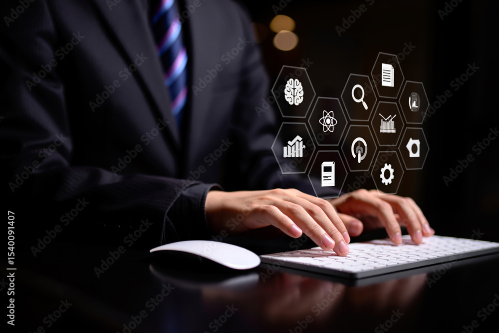 Poster businessman working on computer with digital icons showing data analysis and strategy