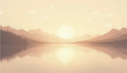 Obraz premium abstract Minimal beige landscape with soft mountain silhouettes and over a calm lake. Vector background for nature-themed designs or tranquil scenes 