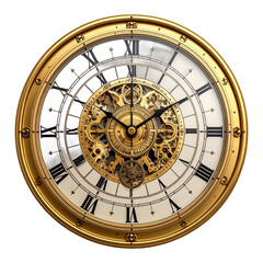 Antique Clock Mechanism:  A detailed close-up of a large antique clock showcasing its intricate gold and silver clockwork mechanism, Roman numerals, and elegant design.