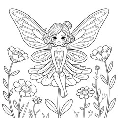 Obraz premium Adorable fairy perched on a flower surrounded by other floral elements perfect for coloring books or children's projects