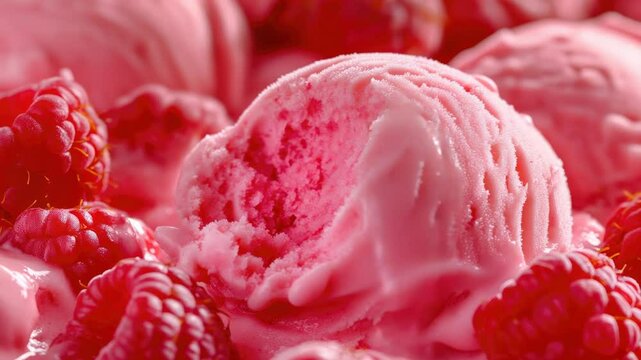 Freshly scooped raspberry ice cream with a bite taken, perfect for a sweet treat.