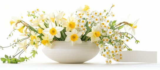Beautiful spring flowers in a white ceramic vase on a table, with yellow daffodils and primrose blossoms.