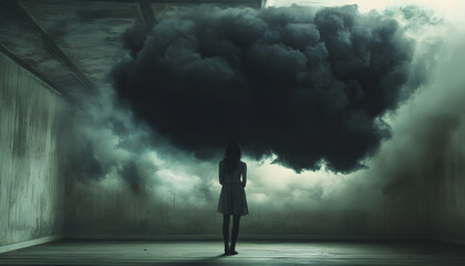 desperate woman in a room with big black cloud
