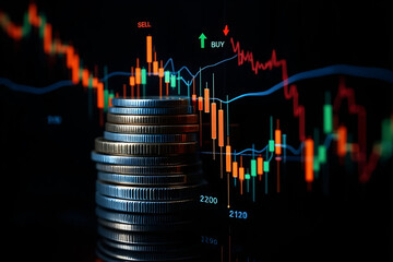 Stack of Coins in Front of a Stock Market Chart Showing Buy and Sell Signals