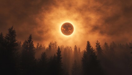 Obraz premium Fiery eclipse over a misty forest