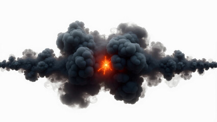 Generate a symmetrical image of a dense, dark smoke cloud expanding outwards from a central, intense orange and red glowing core, indicative of a powerful explosion or a fiery reaction.