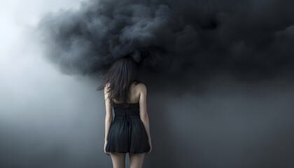 desperate woman in a room with big black cloud