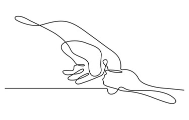 One continuous line drawing of baby kid hand holding mom dad parents hands. son daughter grab mommy daddy hand. family doodle outline art line vector illustration