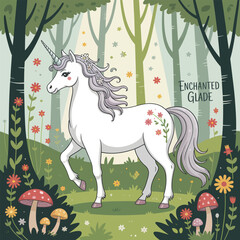 Charming unicorn illustration in an enchanted forest scene with lush foliage and whimsical floral accents perfect for children's books and fantasy designs