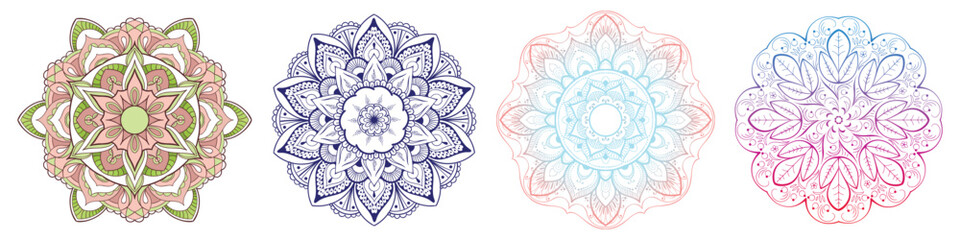 Set of Round gradient mandala vector. Traditional oriental ornament with a concentric gradient. Vector element for applying to objects for yoga, meditation, spiritual practices. Decorative ornament in