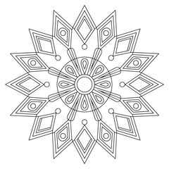 Detailed black and white geometric mandala design ideal for coloring pages and relaxation artistic themes zen illustration decorative symmetry circular floral artwork
