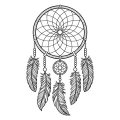Fototapeta premium Detailed black and white dreamcatcher with feathers and ornate design on a white background for decorative designs