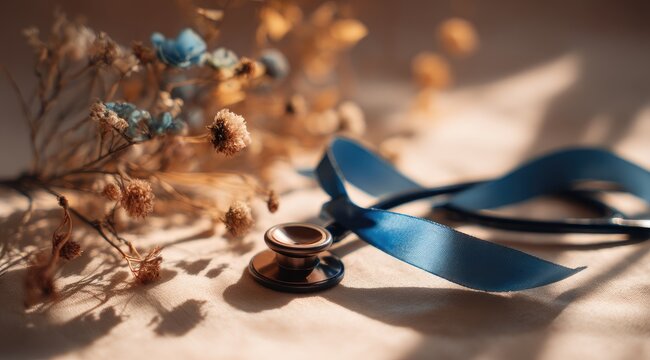 A bronze stethoscope rests on a cream fabric, adorned with a blue ribbon and surrounded by dried flowers in warm sunlight