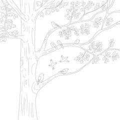 Obraz premium Detailed black and white illustration of a tree with birds perched on branches and flying in the sky perfect for coloring pages