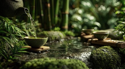 Serene tea ceremony scene; green tea pours from a teapot into a bowl beside a moss-covered stream amidst lush bamboo
