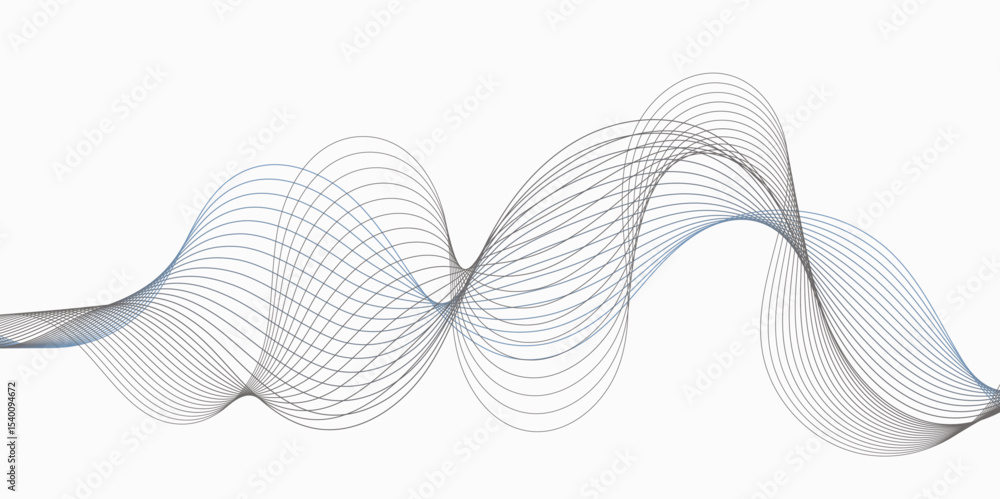 Poster abstract flowing lines in shades of blue and gray on a white background creating a wave pattern whit