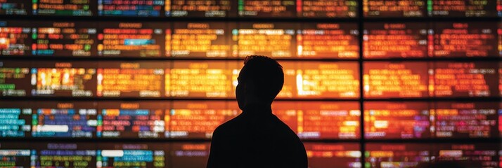 Silhouette of a Person Observing a Digital Betting Screen Filled With Colorful Data in a Sports Betting Venue During Evening Hours