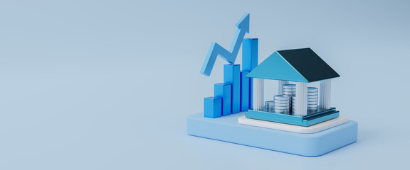 Fototapeta premium Increasing arrow and stack of money as financial saving rising concept on digital background, increasing of interest rates, financial concept and business profit growth concept, 3d rendering