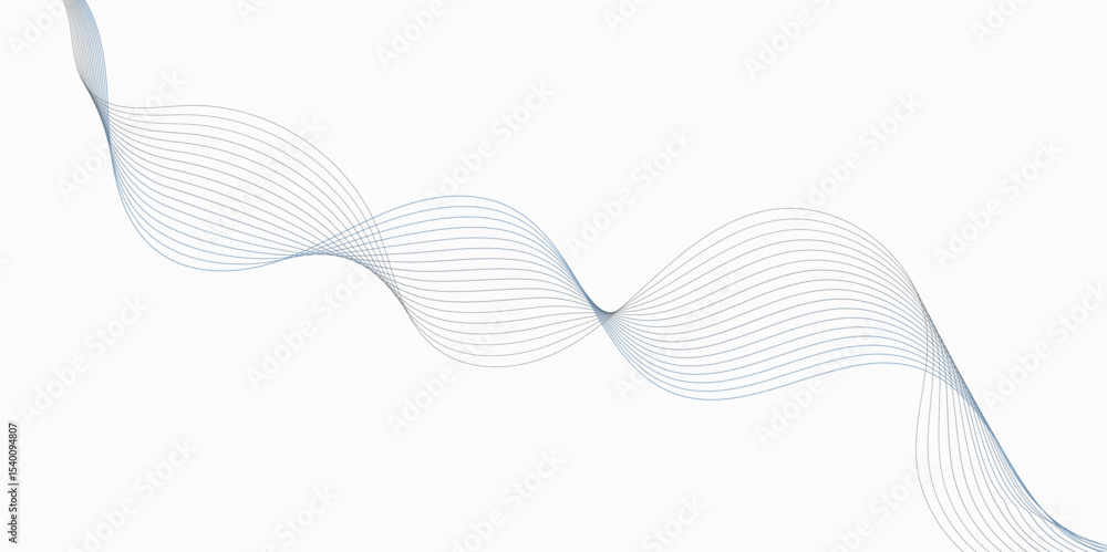 Poster abstract flowing lines in shades of blue and gray on a white background creating a wave pattern whit
