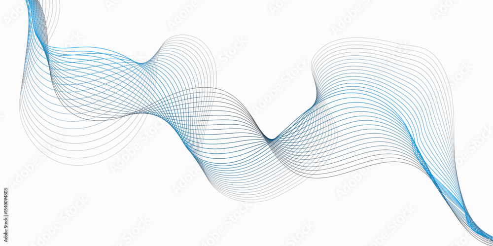 Poster abstract flowing lines in shades of blue and gray on a white background creating a wave pattern whit