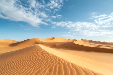 Vast desert landscape with sand dunes and long shadows