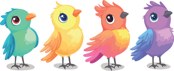 Fototapeta premium Four Cartoon Birds in a Row Each a Different Color Featuring Teal Yellow Orange and Purple on a White Background Perfect for Children s Books