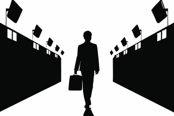 Silhouette of Businessperson Walking Toward Light in Corporate Tunnel