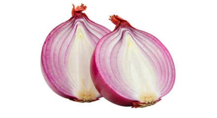 Two fresh halves of red onion, in isolated png format on a transparent background, perfectly cut