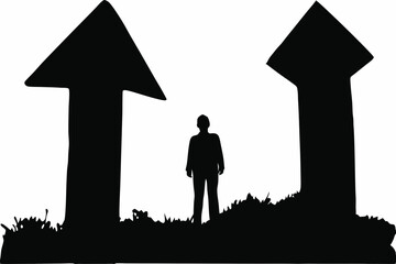 Person Standing at Giant Arrow Pointing Up Representing Growth
