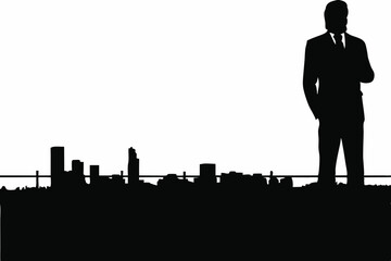 Business Leader Overlooking City from Rooftop at Dawn