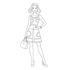 Elegant fashionable woman posing in stylish outfit holding handbag outline illustration for coloring book or design projects