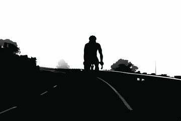 Cyclist Emerging from Morning Fog on a Long Road Ahead