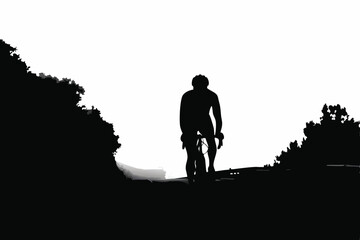 Cyclist Emerging from Morning Fog on a Long Road Ahead