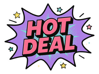 Fototapeta premium Purple burst sticker with HOT DEAL in bold comic style, vibrant retail sale promo on transparent background.