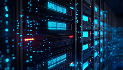 Server rack with glowing it logo, data cables, and blue lighting on a dark background