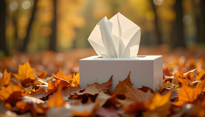 Tissue Box Amidst Autumn Leaves in Outdoor Setting