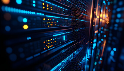 Naklejka premium Server rack with glowing it logo, data cables, and blue lighting on a dark background