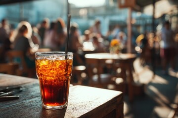 Iced beverage in a glass on a wooden cafe table,  sunlit outdoor setting with blurred background of people enjoying the atmosphere
