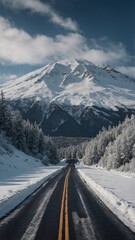 Snowy Road Leading to a Snow Covered Mountain
