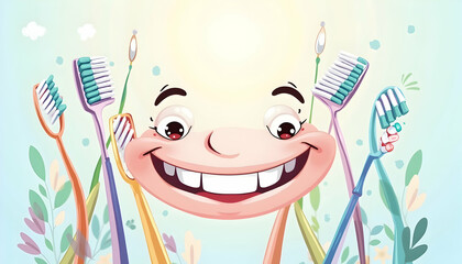 Smiling Cartoon Mouth with Toothbrushes for Dental Care