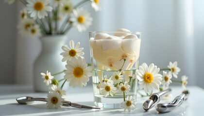 Serving Dessert in Glass with Daisies Around Creates a Refreshing Mood