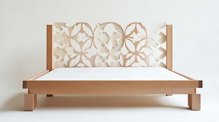 A sleek wooden bed featuring a headboard with bold geometric shapes, perfect for a simple, stylish room.

