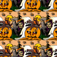 Seamless pattern of Halloween theme with retro cartoon style, cute Halloween pattern.